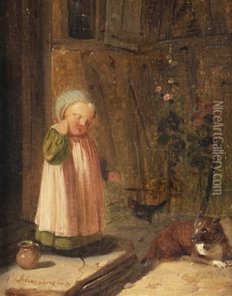 Child With Dog Oil Painting - Peter Schwingen