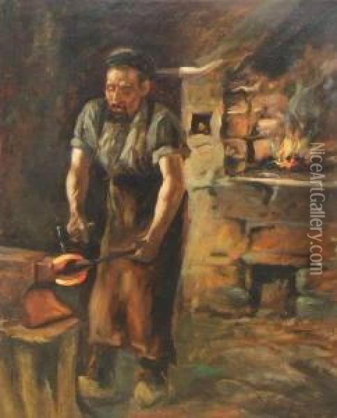 A Blacksmith At His Forge Oil Painting - Wright Barker