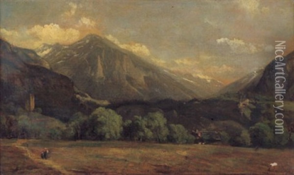 Alpenlandschaft, Im Vordergrund Zwei Figuren Oil Painting - Alexandre Calame