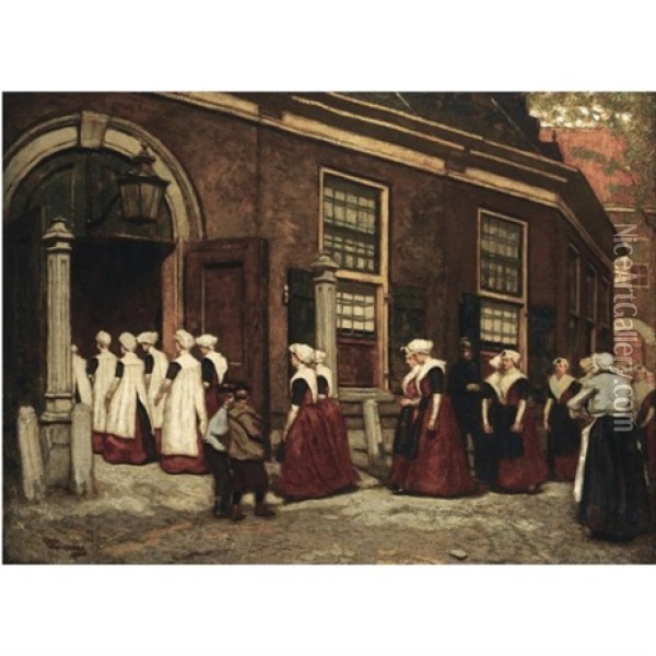 Amsterdam Orphan Girls Entering The Orphanage Het Burgerweeshuis Oil Painting - Martin Monnickendam