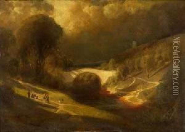Figures On The Banks Of A River By A Bridge Oil Painting - James Fairman