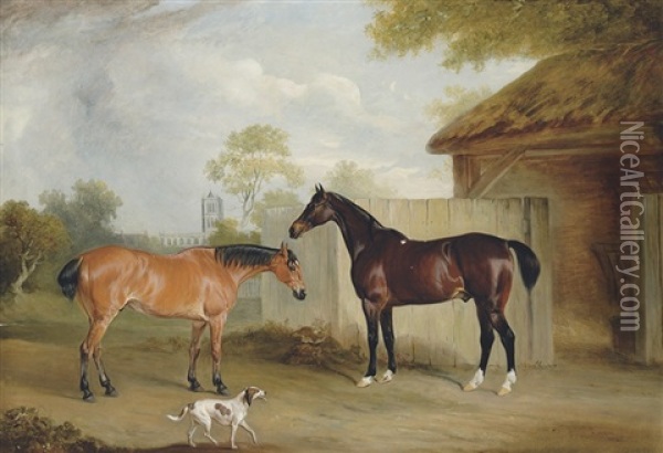 Mr William Massey Stanley's Hunters "eventful" And "ranksbro" With A Dog Oil Painting - John E. Ferneley