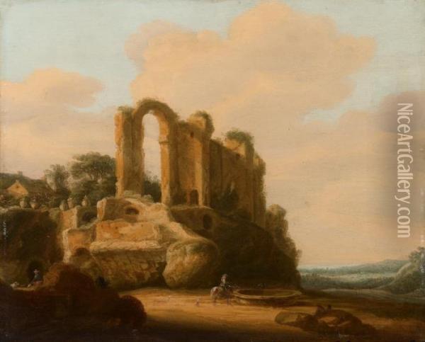 Romische Landschaft Mit Castello Dell'aqua Giulia Oil Painting - Pieter Anthonisz. van Groenewegen