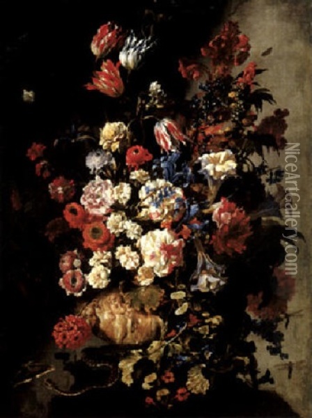 A Still Life Of Flowers In An Urn, With Butterflies And A Snake Oil Painting - Paolo Porpora