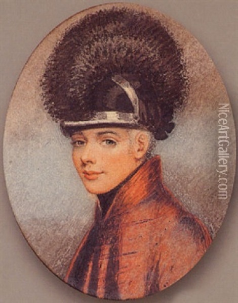 A Young Trooper Of Fencible Cavalry Or Yeomanry, Wearing Red Cloak, Black Stock And Tarleton Style Helmet Oil Painting - Adam Buck