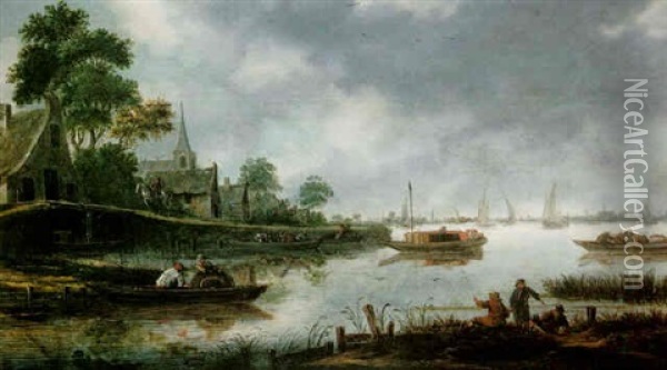 A River Estuary With Fishermen And Other Figures In Boats, The Town Of Haarlem Beyond Oil Painting - Thomas Heeremans