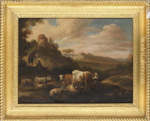 An Italianate Landscape With Cattle And Shepherds Oil Painting - Michiel Carre