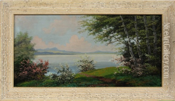 Lake Scene With Blossoms Oil Painting - Pierre Emmanuel Eugene Damoye