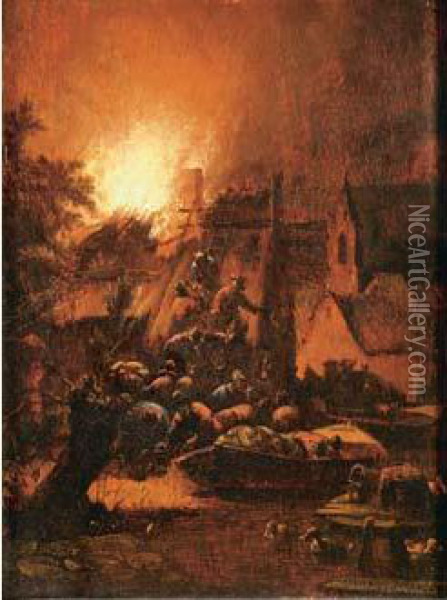 Incendie Dans Un Village De Nuit Oil Painting - Egbert van der Poel