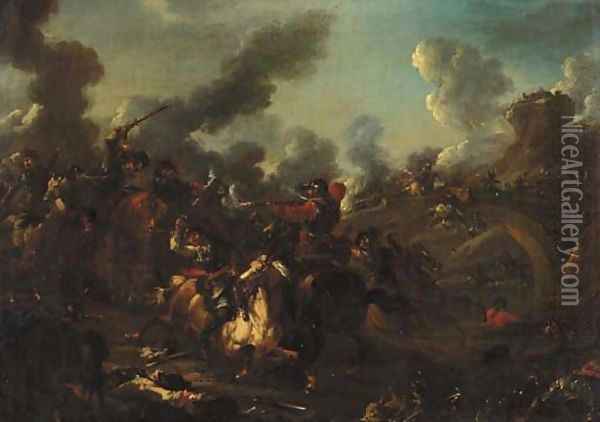 A cavalry skirmish in a landscape Oil Painting - Rugendas, Georg Philipp I