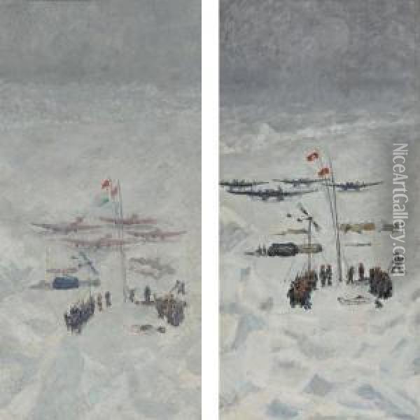 Conquest Of The North Pole, Pair Of Paintings Oil Painting - Ilya Ivanovich Mashkov