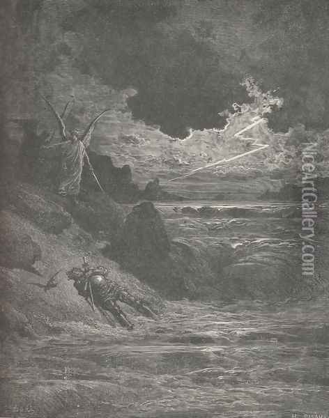 Along the banks and bottom of his course; (Canto V., line137) Oil Painting - Gustave Dore