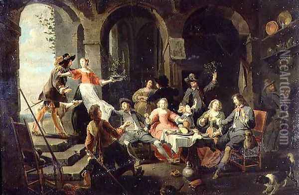 Elegant Company Merrymaking in an Interior with Servants in Attendance Oil Painting - Willem van, the Elder Herp