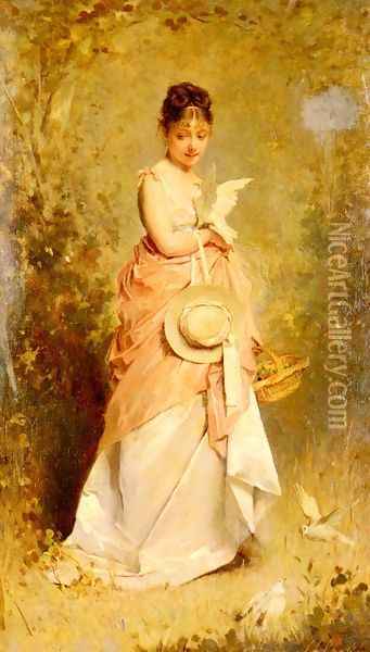 La Jeune Fille Aux Colombes (Girl with Doves) Oil Painting - Charles Chaplin