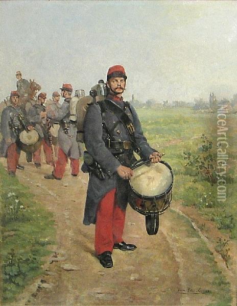 French 28th Infantry Regiment Drummers In The Field Oil Painting - Pierre Petit-Gerard