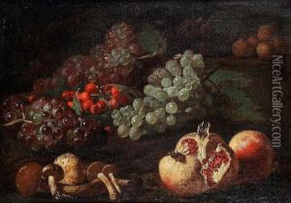 Mushrooms, Pomegranates, Grapes, Cherries And Figs On A Stone Ledge Oil Painting - Giovanni Battista Ruoppolo