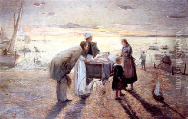 Promenade En Famille Sur La Plage Oil Painting - David Eugene Girin