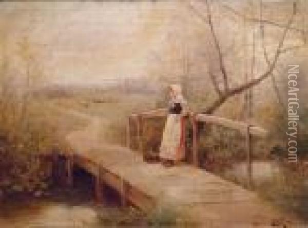 A Young Girl With Basket Resting On A River Bridge With Sheep In The Distance Oil Painting - James Walter Gozzard