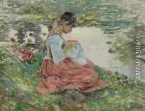 Girl Sewing By River Oil Painting - Theodore Robinson