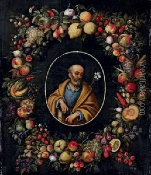 Saint Joseph In An Oval Surround With A Garland Of Flowers And Fruit Oil Painting - Jan van Kessel