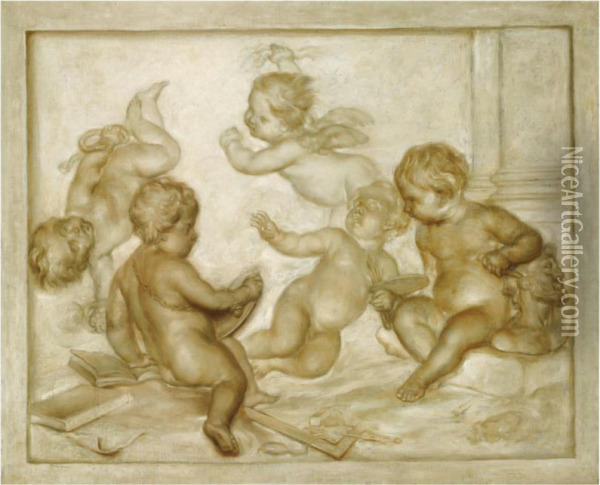 Five Putti Representing An Allegory Of The Arts Oil Painting - Martinus Josephus Geeraerts