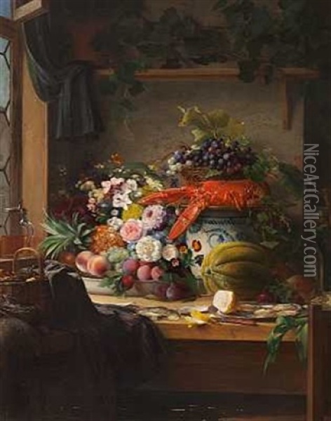 Opstilling Med Blomster, Frugter Og En Hummer Pa Et Bord Oil Painting - Carl Vilhelm Balsgaard