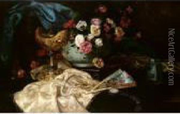 Still Life With Roses And Fan Oil Painting - Eugene Henri Cauchois
