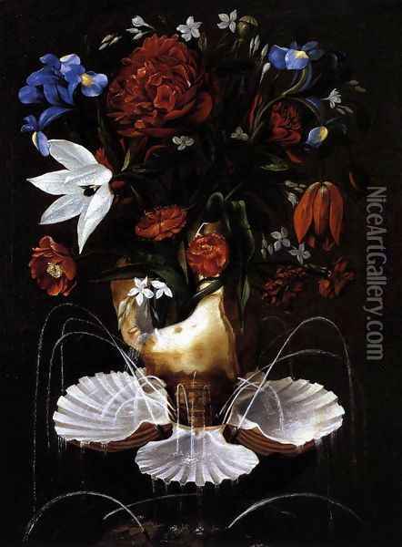 Still-Life with Shell Fountain and Flowers c. 1645 Oil Painting - Juan De Espinosa