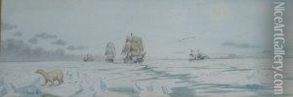 Breakers In An Arctic Expedition, Firing At A Polar Bear Oil Painting - Alexander William Crowford Linsday