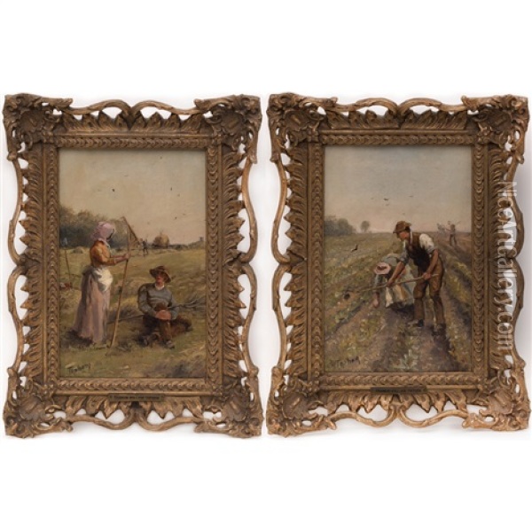Two Farm Scenes With Figures Oil Painting - Francis William Topham