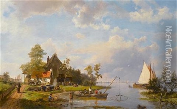 River Scene With Fishermen Oil Painting - Hermanus Koekkoek the Elder
