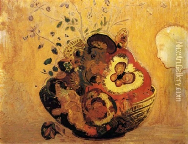 Fantaisie - Vase De Fleurs Et Profil Oil Painting - Odilon Redon