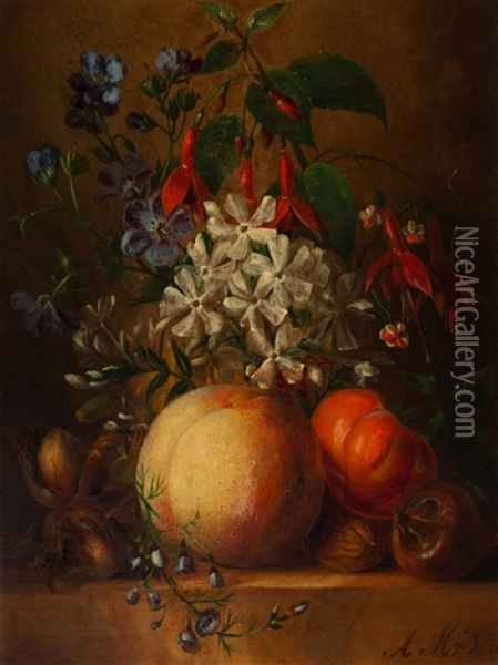 Still Life With Flowers And Fruits Oil Painting - Anna Maria Van Veeren