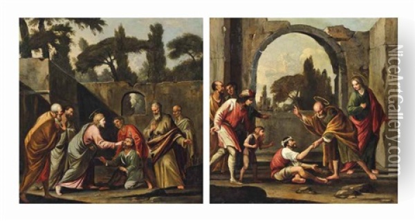Christ Healing The Blind Bartimeo; And Saints Peter And John Healing A Cripple At The Gate Of The Temple Oil Painting - Carlo Coppola
