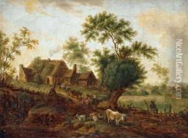 Idyllische Sommerlandschaft Mit Austrieb Der Viehherde Vor Einem Gehoft. Oil Painting - Friedrich Wilhelm Hirt