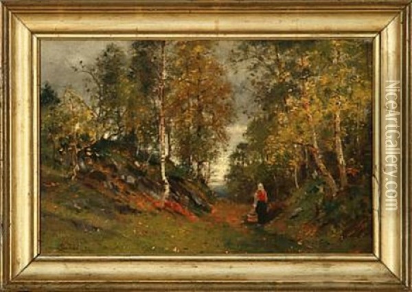 Autumn Forest Scene Oil Painting - Hans Lovaas