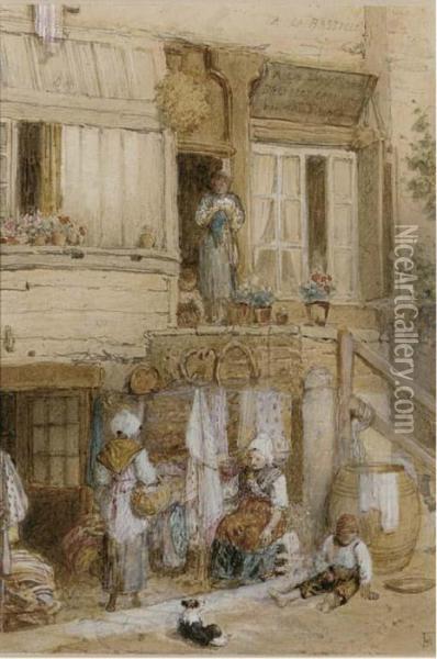 Figures Outside A House, France Oil Painting - Myles Birket Foster