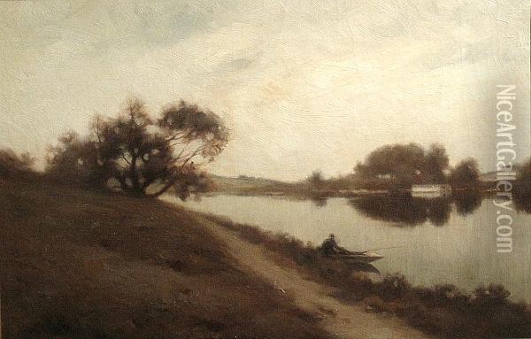 A River Landscape With A Figure In A Rowboat In The Foreground, 1908 Oil Painting - John Willard Raught