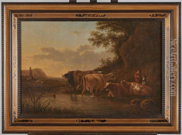 Cinq Vaches Pres D'une Rive Escarpee Oil Painting - Aelbert Cuyp