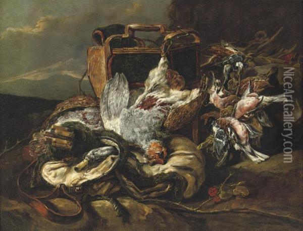 Game Including A Partridge, 
Finches And Sparrows With Huntingequipment In A Rocky Landscape Oil Painting - Jan Fyt