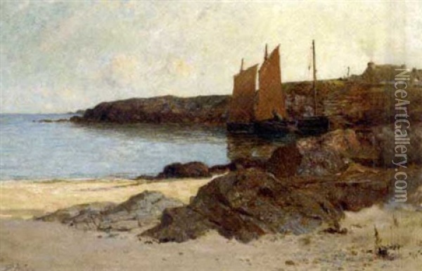 A Rocky Beach With Boats Beyond Oil Painting - Richard Wane