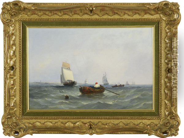 Man Rowing A Dory In A Busy Shipping Channel Oil Painting - William Adolphu Knell