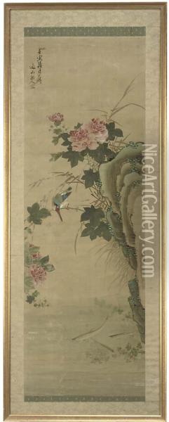 Silk With A Kingfisher Perched On The Branch Of Blossoming Tree Oil Painting - A. Kakemono