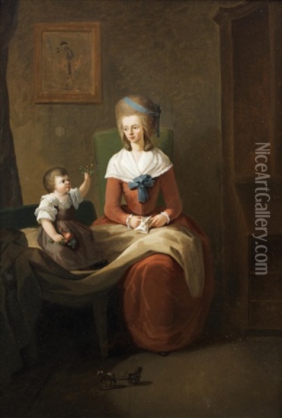 Portrait Of The Wife And Child Of Gottlieb Christian Heigelen Seated In An Interior Oil Painting - Philipp Friedrich Von Hetsch