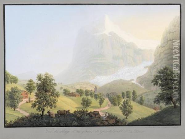 Vue Du Village Et Du Glacier De Grindelwald Oil Painting - Ludwig Bleuler