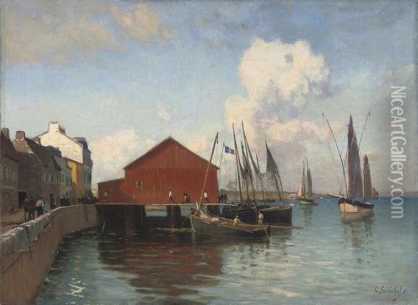 Hanging Nets At A French Quay Oil Painting - Gustave Edouard Le Senechal De Kerdreoret