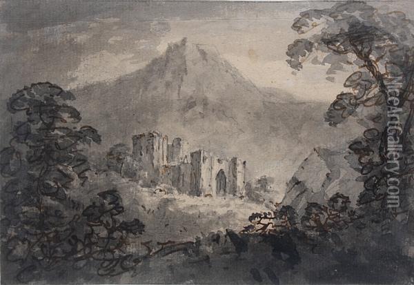 View Of Abbey Ruins Before Mountains; Ruins By A Lake Oil Painting - William Gilpin