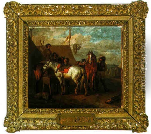 An Encampment With Figures And Horses Feeding Oil Painting - Pieter van Bloemen