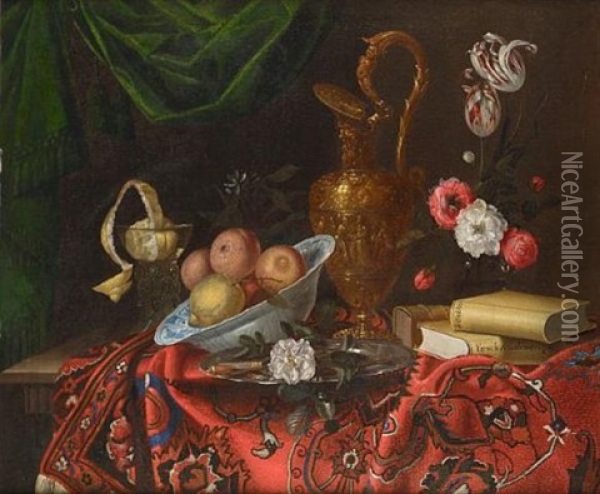 Oranges And Lemons In A Wan-li Kraak Bowl, A Peeled Lemon In A Roemer, With A Rose On A Silver Salver Beside A Chased Silver Gilt Ewer, A Glass Vase Of Flowers And Two Books On A Table Oil Painting - Jacques Samuel Bernard