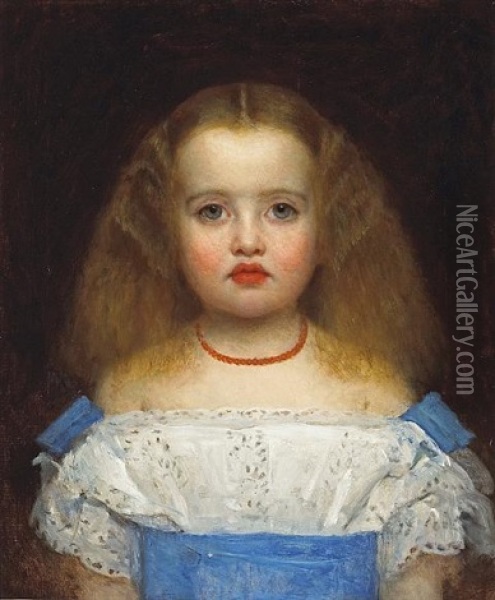 A Portrait Of A Young Girl With A Coral Necklace Oil Painting - Lievin de Winne